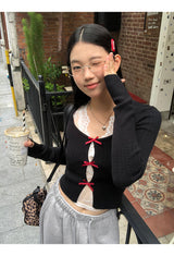 Lace Inner Layered Red Bow Long Sleeve Tee (Lace Inner Set)