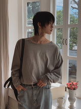 クリスボートネックルーズフィットボタン長袖Tシャツ