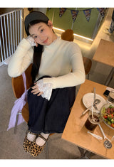 lace ribbed white turtleneck long-sleeved knitwear