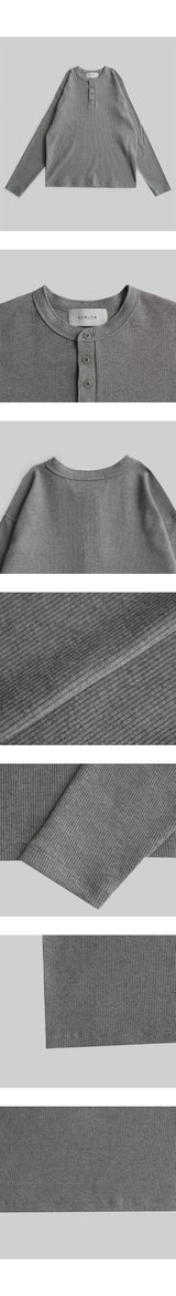 Ribbed Henley Neck Muscle Long Sleeve Knit Tee [Gray]