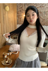 Choker V-neck Lace V-neck Long Sleeve T-shirt