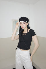 Black Layered Halterneck Strap Short Sleeve T-shirt