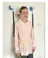 UnsocialNight2025 Autumn New Polka Dot Pleated Stitching Pink Doll Collar Loose Long-sleeved Shirt