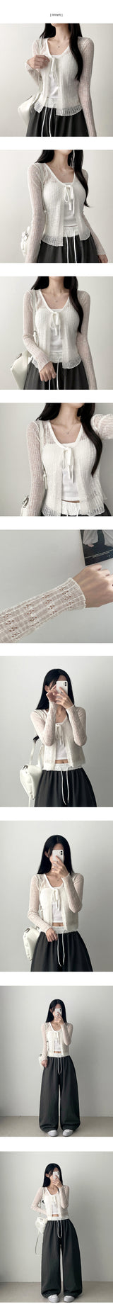  Monp pattern see-through ribbon knit cardigan