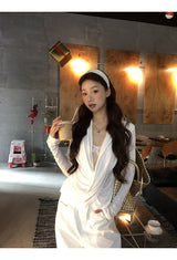 White Smudge Lace Shirring Long Sleeve T-shirt
