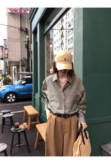 グリーンチェック柄フレアルーズフィットシャツ