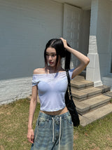 rope shirring off-shoulder tee