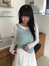 26SS★ [MADE] コリンダイアゴナルボタンスリーブレスシースルーレイヤードTシャツ