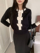 Quiet Bow Ribbon Trim Contrast Knit Long Sleeve Top