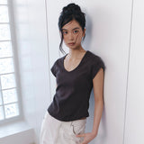 C 90S ラインVネック半袖Tシャツ_ブラウン
