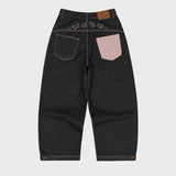 Back Maltese Embroidery Flap Denim Pants