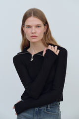 LOGO MIX UNBALANCE HALF ZIP-UP TOP - BLACK