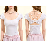 [GirlyFancyClub] Laisel knitted flutter sleeve top white slim fit sexy backless sweet and spicy T-shirt