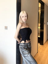 シルバーコーティングデニムロウワイドパンツ