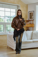 PAMELA LEATHER BOMBER JACKET / BROWN