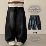 Judd waist back banding diagonal incision ディープウォッシュデニムワイドパンツ