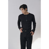 Leather ribbed henry neck long sleeves(Black)