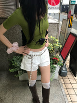 オリーブ ダイアリー ボタン Uネック スリムフィット Tシャツ