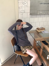 Round button waffle long-sleeved t-shirt