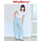 Why Berry 24SS "Refreshing and Easy to Wear" ブルーアンドホワイトチェッカーパンツサマーパンツルーズカジュアルワイドレッグスパンツ