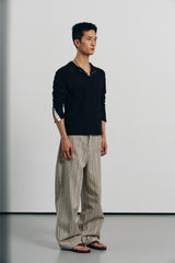 Contrast ribbed henley long Sleeve(Black)