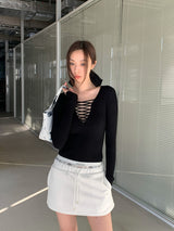 Black Strap Point Long-Sleeved Slim T-Shirt