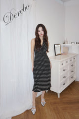dot halter-neck sleeveless V-neck long dress