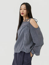 One-shoulder Blanc Ribbon Shirring Detail Top, Charcoal