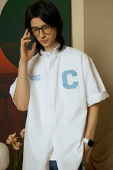 スカイブルーCパッチホワイトオックスフォードショートスリーブシャツ [Unisex]