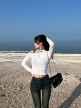 Unbuttoned off-shoulder halter strap long sleeve T-shirt (3 colors)