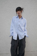 Lettering sleeve striped shirt - Blue