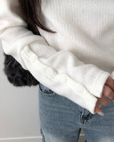 Renin Button High-Neck Hooded Ribbed Long-Sleeve Knit