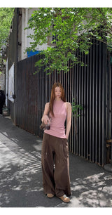 Indie pink back beads sleeveless t-shirt
