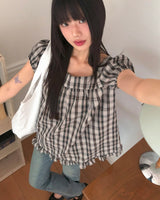 Onnit checkered Square Neck Mini Short Sleeve Blouse
