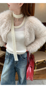 V-neck quilted ivory fur jacket