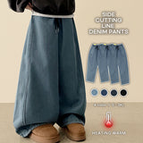 Foton waist banding side incision fleece denim wide pants