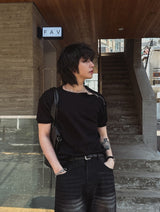 Cave Rib Diagonal Zipper Short Sleeve T-shirt
