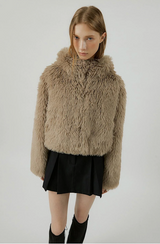 COMELY soft fur crop hoodie jacket [beige]