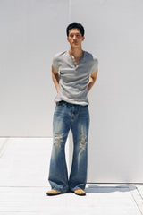 Tin washed damage flare denim pants(Blue)