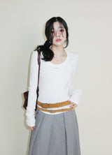 open stud U-neck round long-sleeved T-shirt