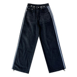Gradient washing waist strap adjustable string three stripe track denim pants (2 colors)