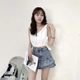 #S2414 Ruffled high-waisted sweet denim skirt