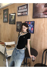 Black Stitch Unbalanced Off-Shoulder Strap Short Sleeve T-Shirt