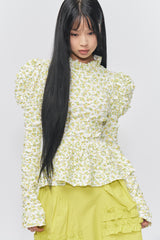 Flower Pattern Crease Ruffle Blouse Yellow