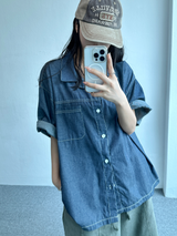 オーバーフィットステッチポイントデニムショートスリーブシャツ🖤💙 - 2 カラーズ