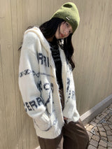 Bow Wide Hooded Knitwear Zip-Up Cardigan