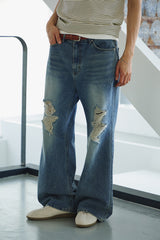 Tin washed damage flare denim pants(Blue)