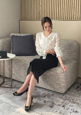 Marron Volume Ribbon Puff Blouse