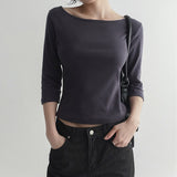  [Riabu] boat Neck Three-quarter sleeve cropped T-shirt - 4 color