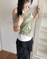 フラワーレタリングプリントホルターネック半袖Tシャツ